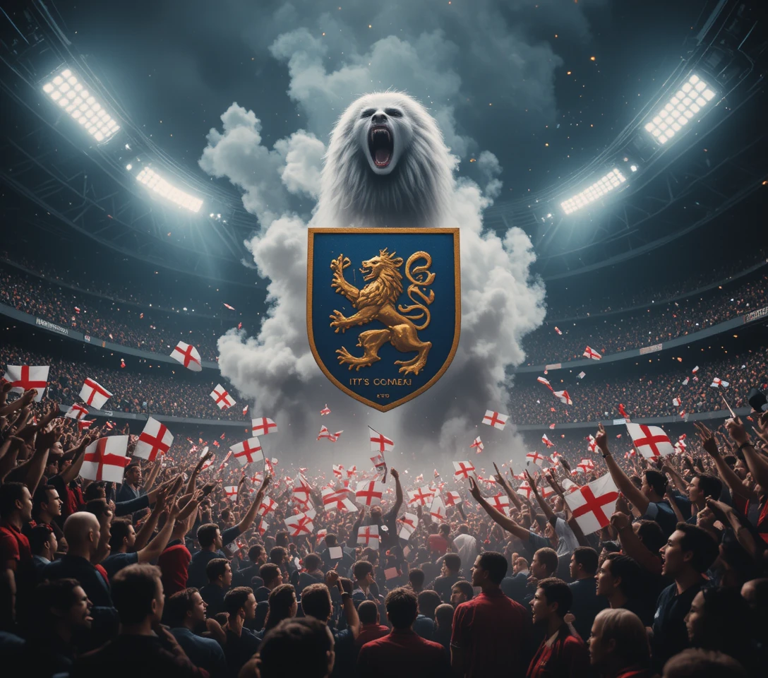 Brüllender weißer Löwe über England-Fans im Stadion