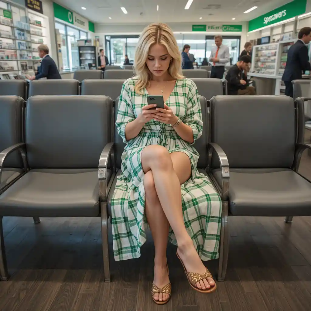 Reife Frau im grün-weißen Outfit im Wartezimmer