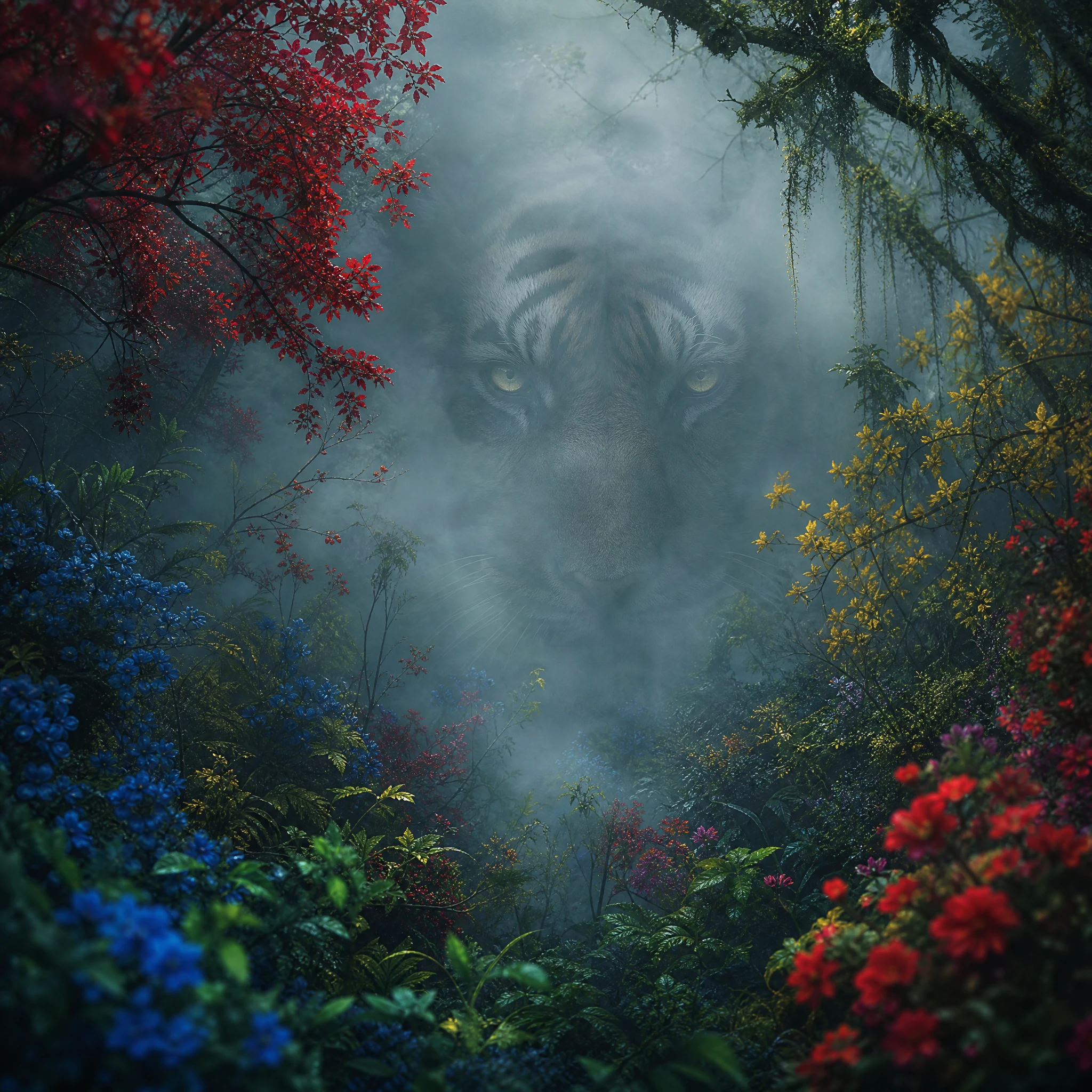 Tigerkopf, der aus dem Nebel im verzauberten Wald auftaucht