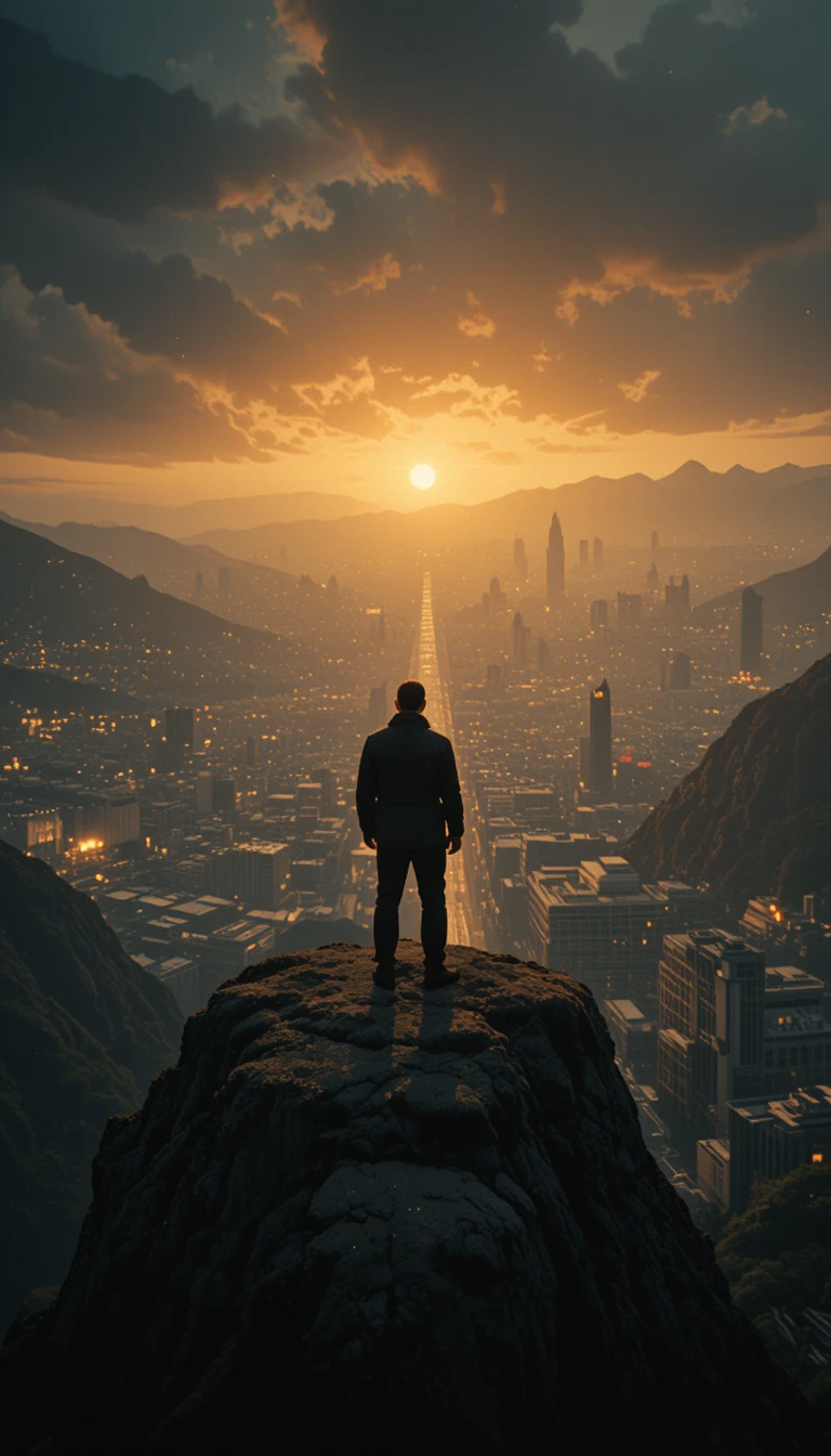 Homem em penhasco observando a cidade ao pôr do sol dourado