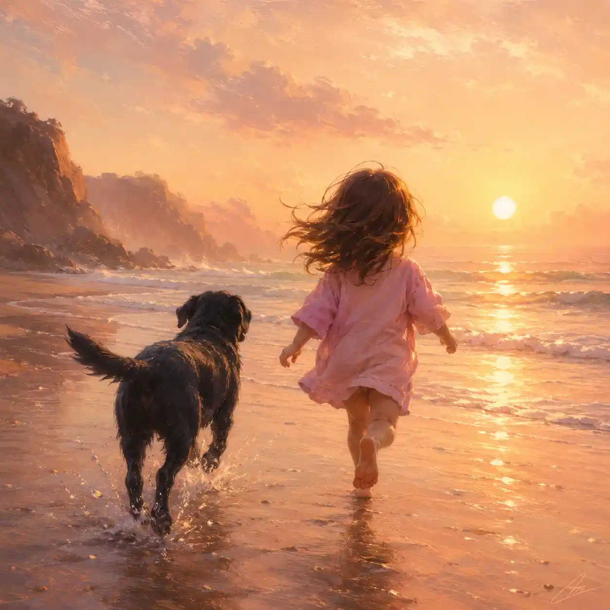 小女孩與狗奔向夕陽海面