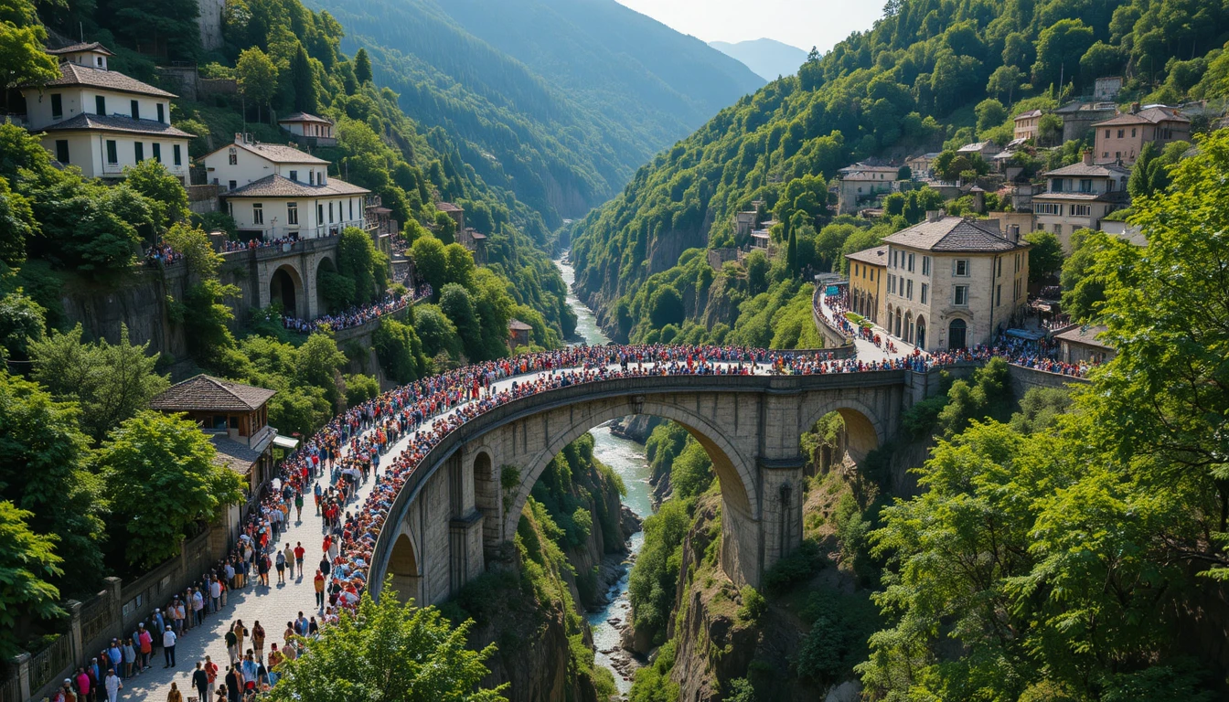 Veduta aerea di ponte di pietra affollato di spettatori del festival