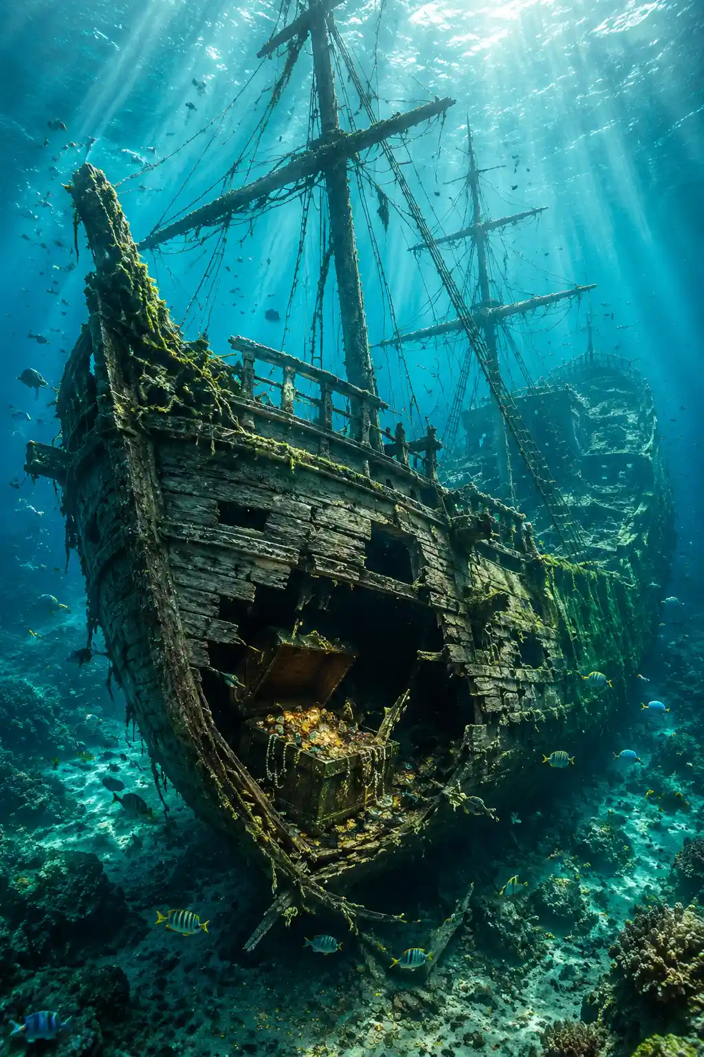 Ancient Sunken Galleon With Treasure On Ocean Floor