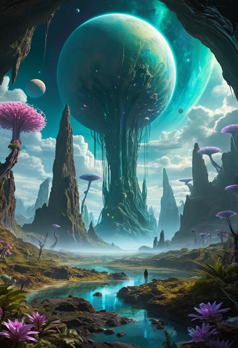 Schillernder Alien-Planet mit leuchtenden Wäldern und Flüssen