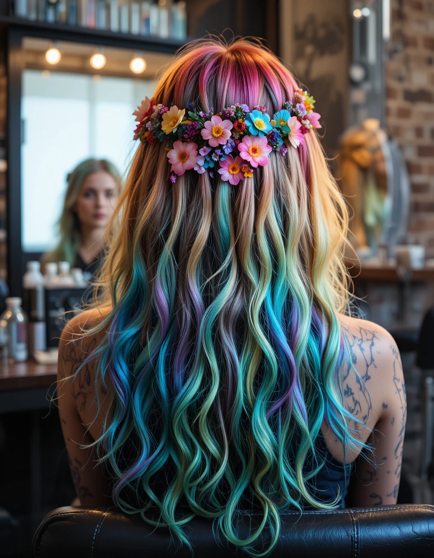 Garota hippie com cabelo arco-íris em retrato no espelho do salão