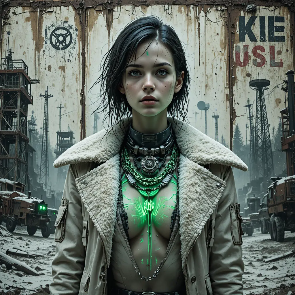Cyberpunk-Heldin vor verrosteter postapokalyptischer Propagandawand