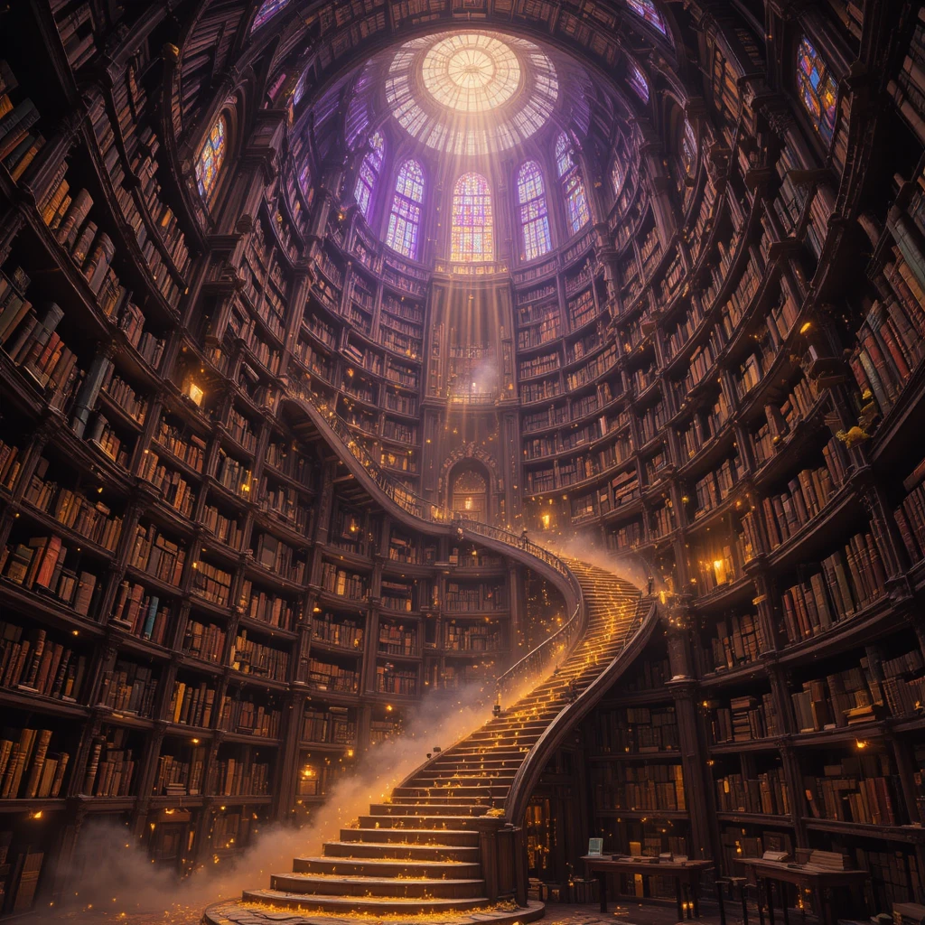 Torre infinita de biblioteca de fantasia sob um céu violeta brilhante