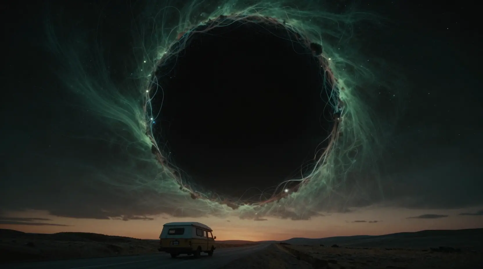 Poster di orrore cosmico con cerchio nero luminoso nello spazio
