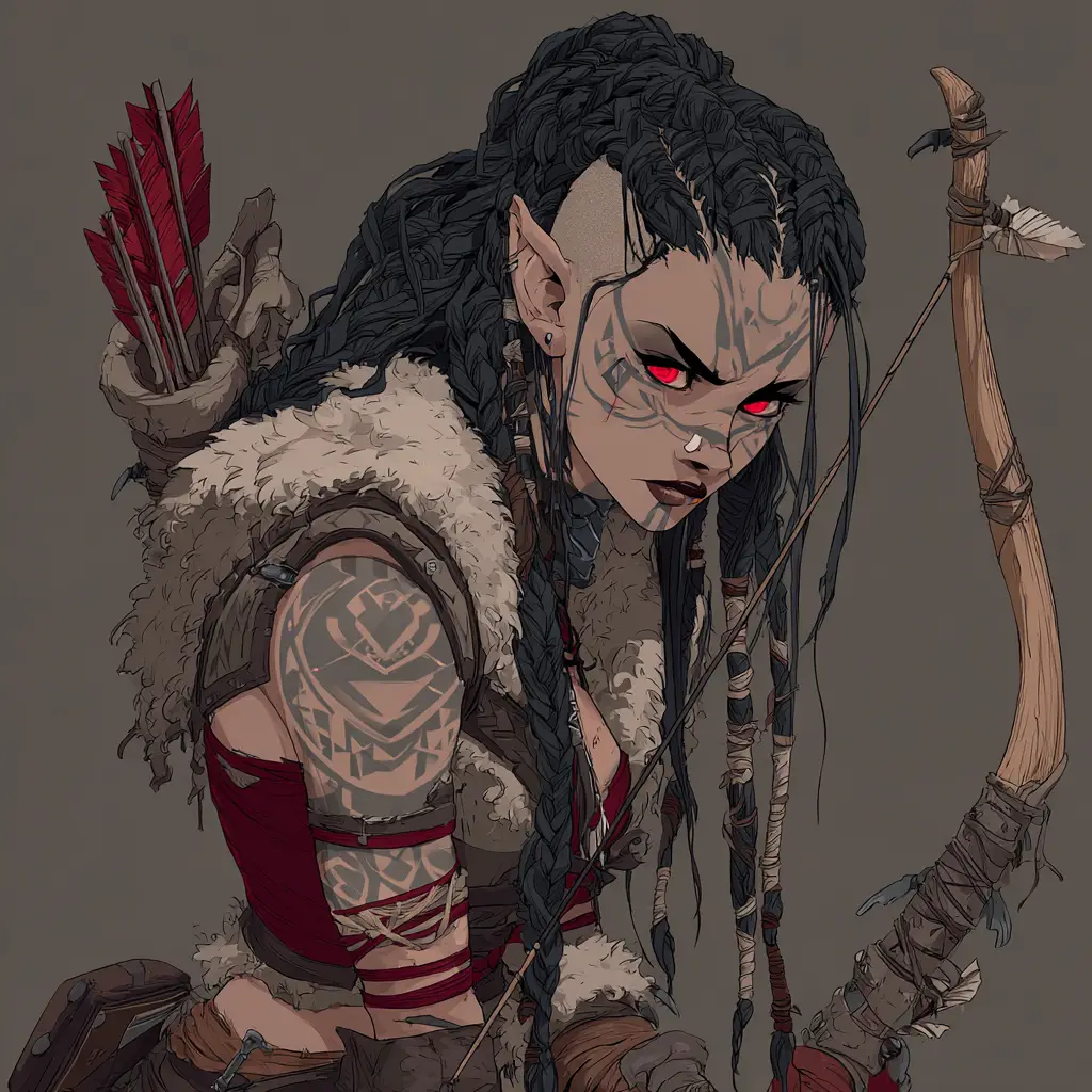 半獸人女獵人弓手，身披部落刺青與毛皮