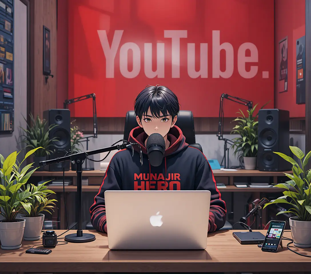 Anime-Junge streamt am Computertisch mit Mikrofon