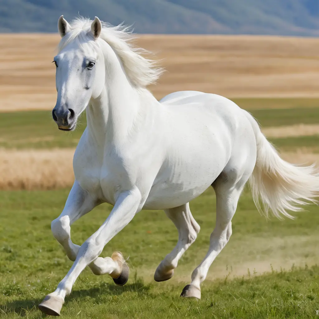 White horse running across a sunny open field