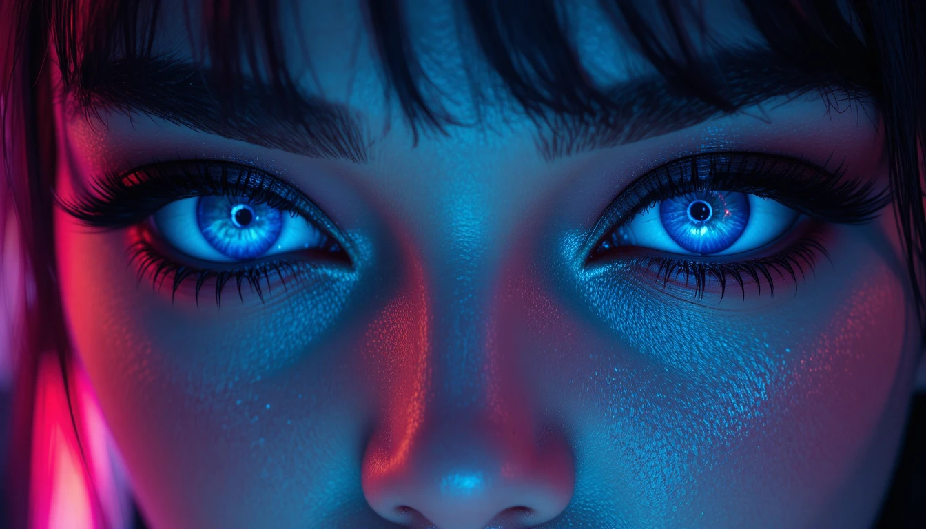 Close macro dos olhos cibernéticos de uma mulher com brilho azul