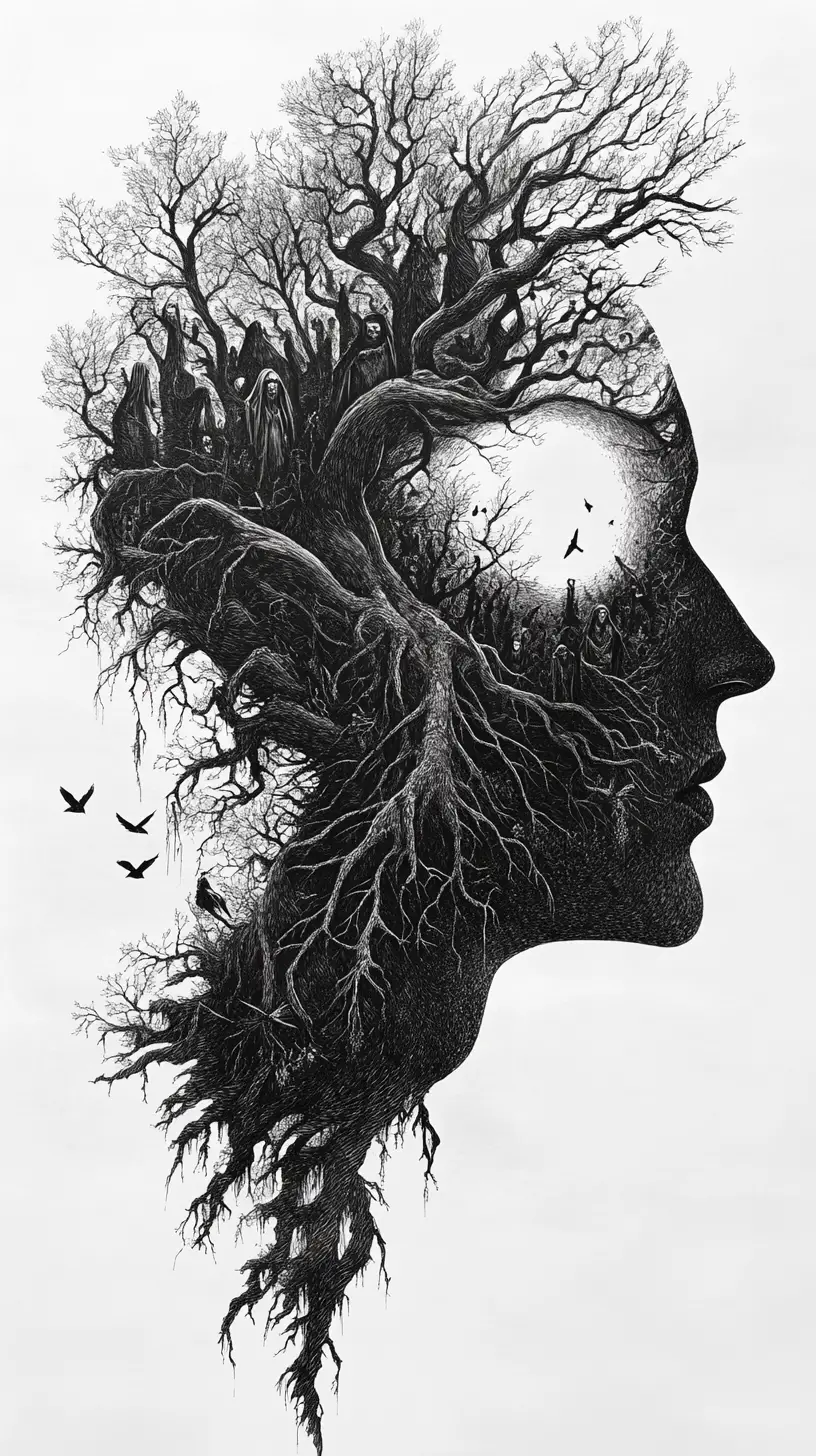 Human Profile Silhouette Filled With Ancient Forest Spirits