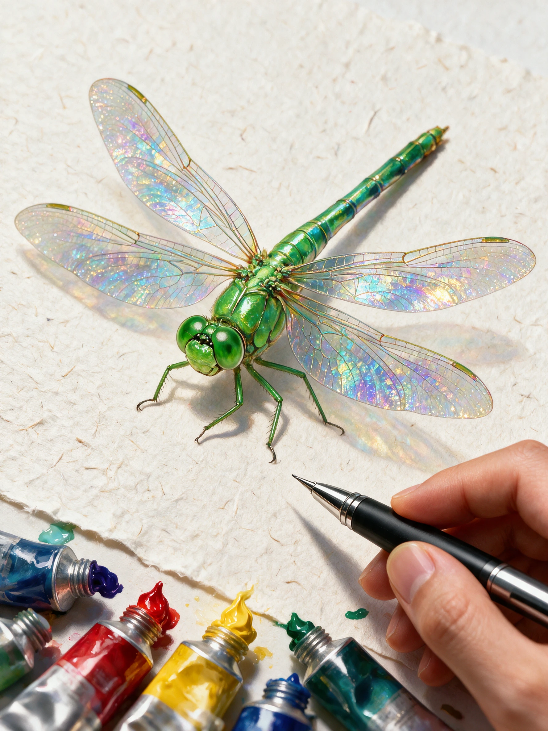 Illustration colorée de libellule avec fond d’outils d’artiste