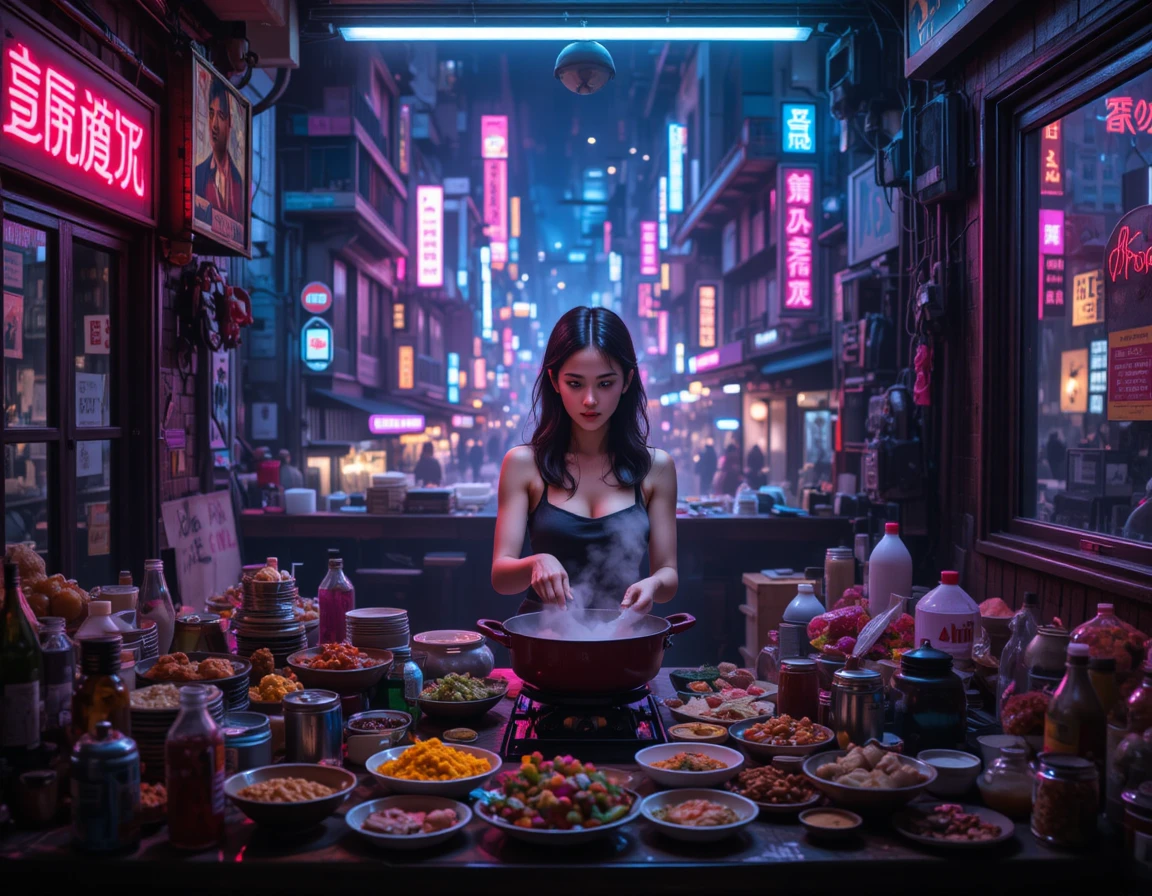 霓虹燈照耀下在屋頂小吃攤做菜的女子