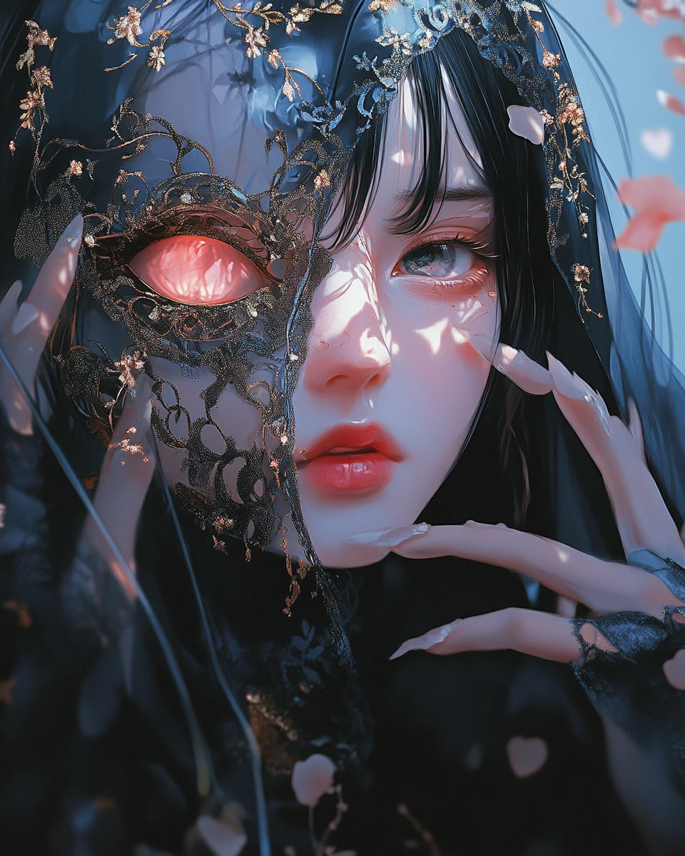 Anime digital illustration of mysterious decorative masks