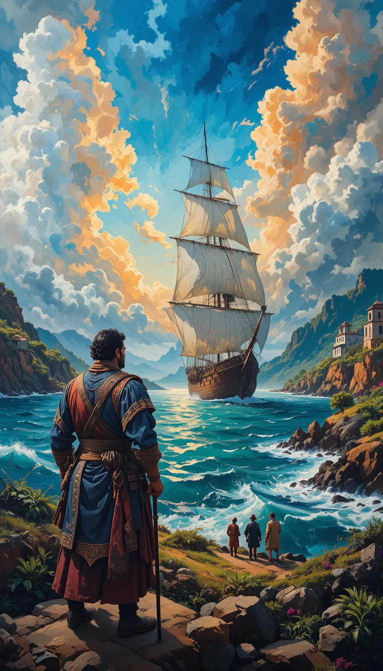 Marinheiro do século XVI em uma nau portuguesa ao nascer do sol