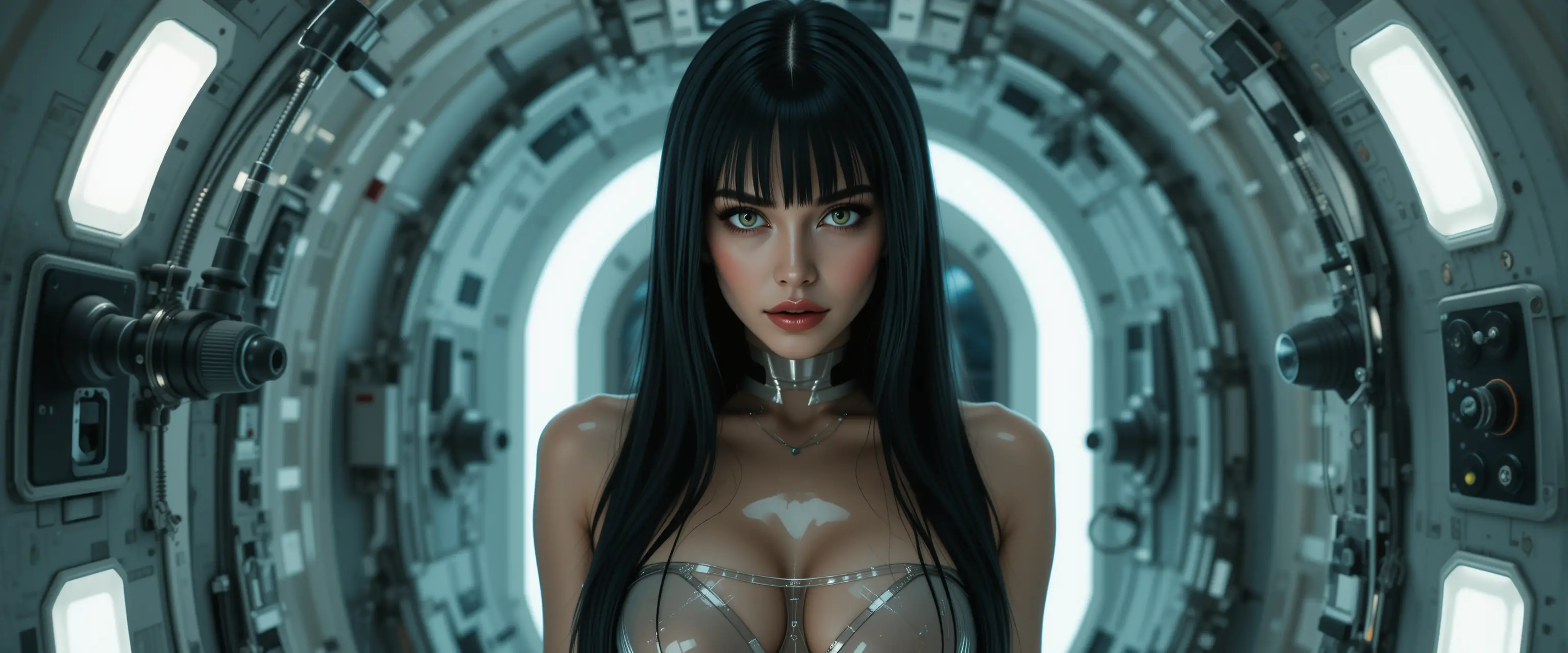 Sultry sci fi woman suspended in a glowing wall alcove