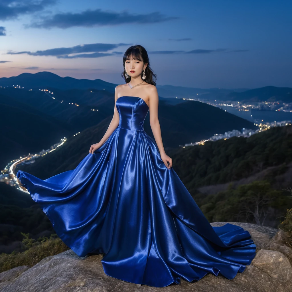Garota elegante em vestido de cetim azul na montanha à noite