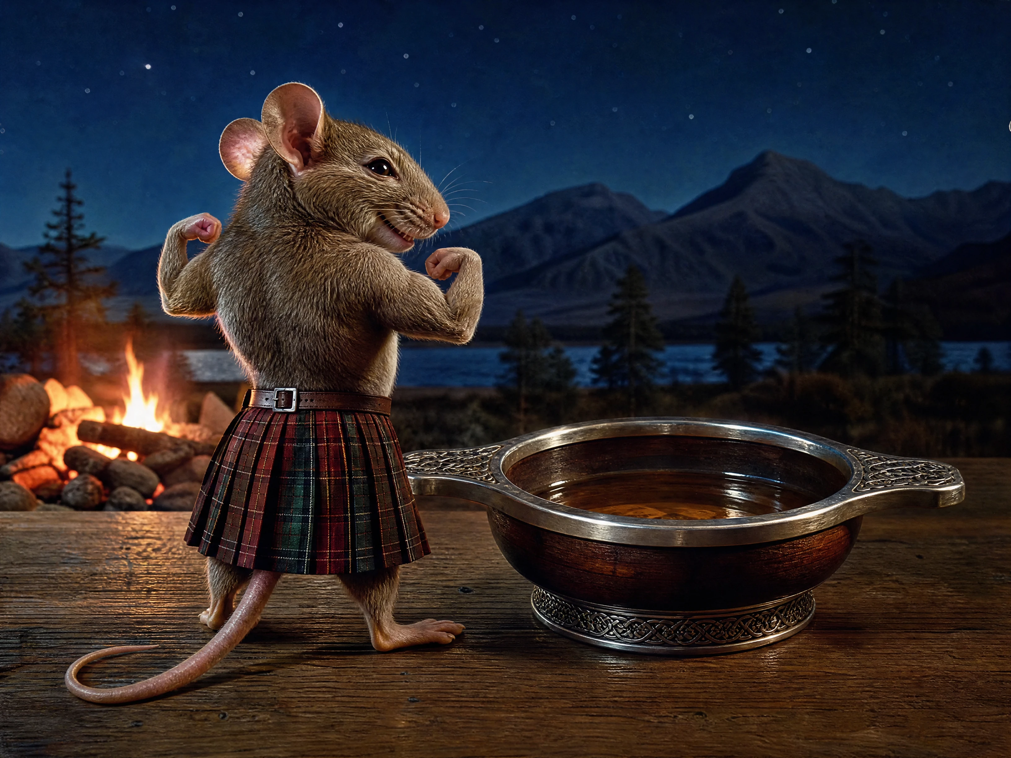 Rato antropomórfico de kilt ao lado de um quaich à noite