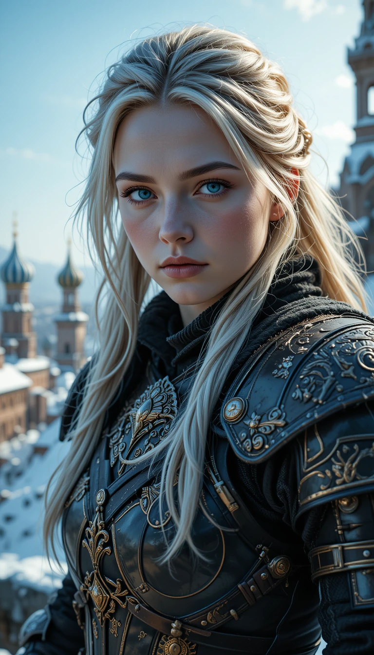 Nahaufnahme-Porträt einer blonden russischen Fantasy-Kriegerin