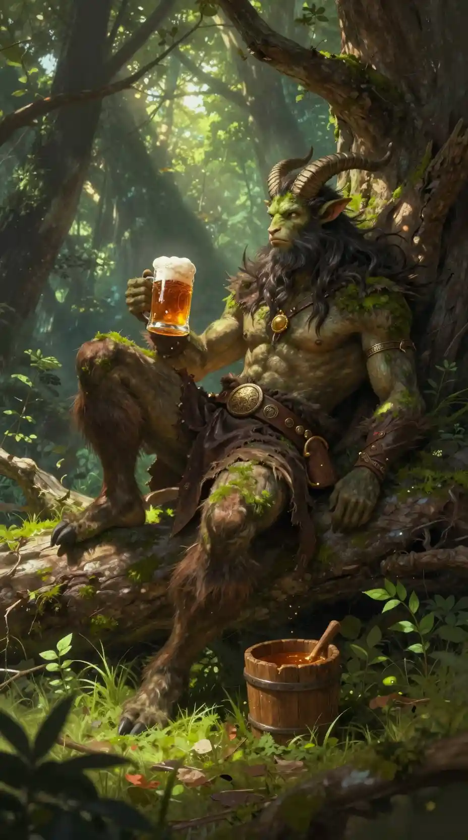 Forest satyr relaxing on a fallen tree in sunlight