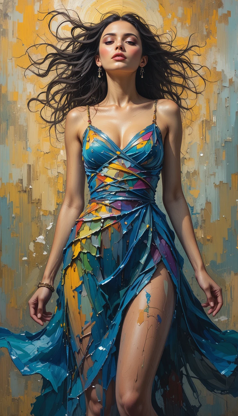 Giovane donna semi-astratta in una pittura a impasto espressiva
