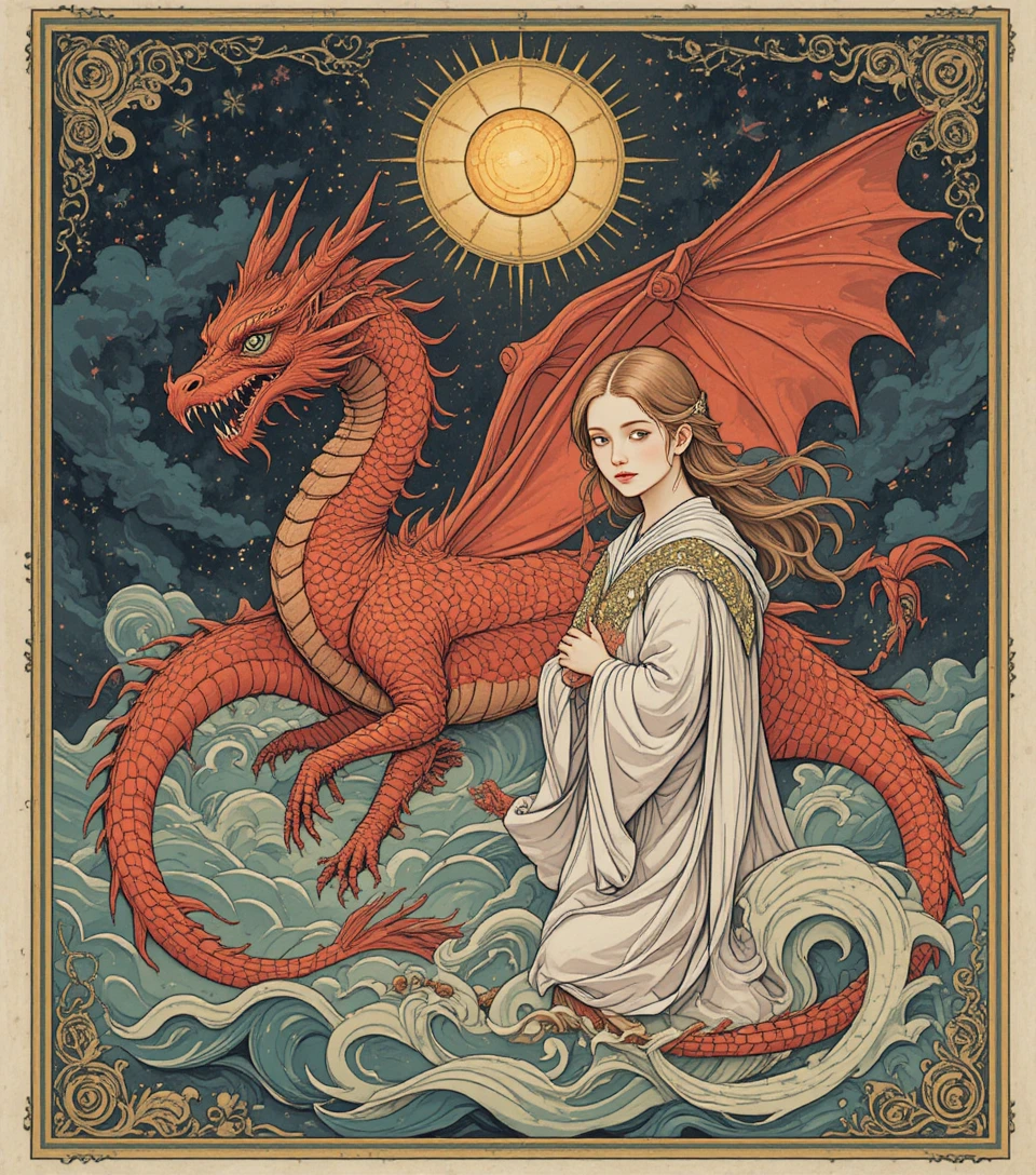Visão de fantasia moderna de um grande dragão vermelho e uma mulher radiante
