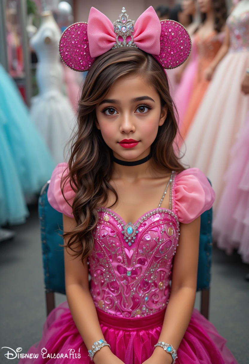 Menino envergonhado com vestido de princesa rosa no depósito da loja