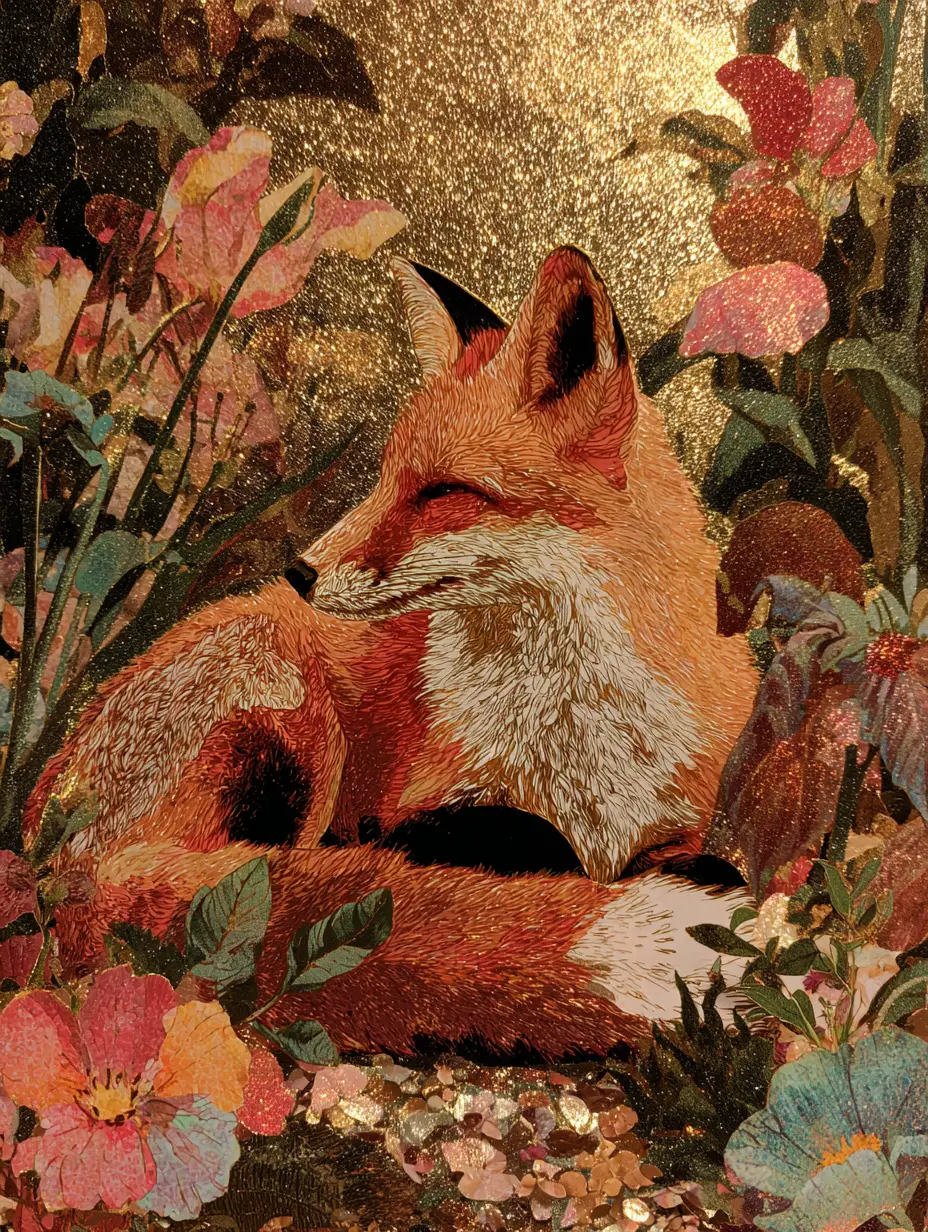 Anthropomorpher Fuchs, der entspannt in einem üppigen Garten ruht