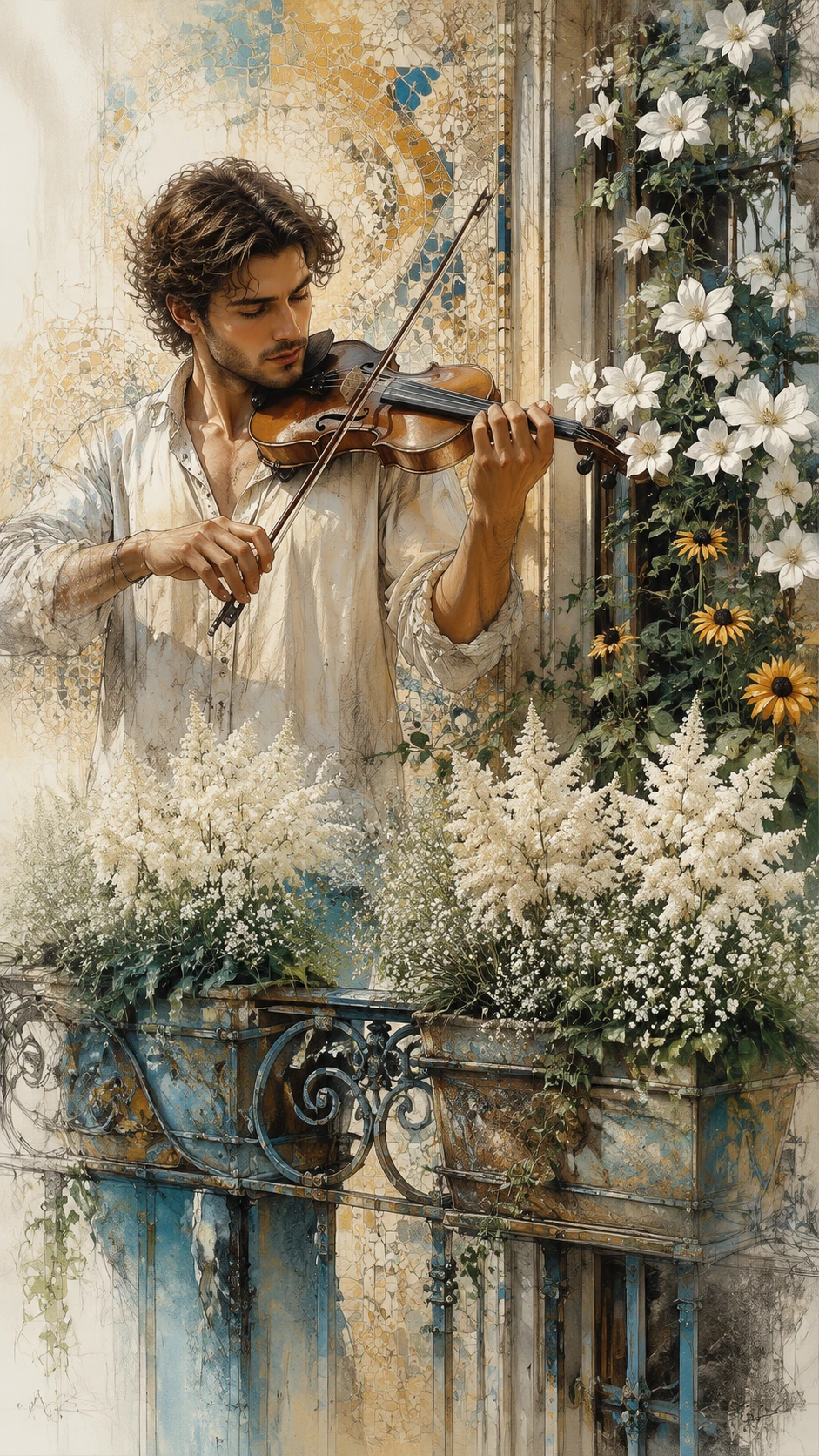 Mann spielt Violine auf blumenreicher Balkonbrüstung (Nahaufnahme)
