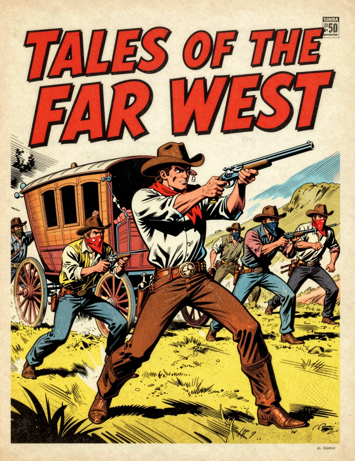 Cowboy heróico defendendo uma diligência em estilo de gibi vintage