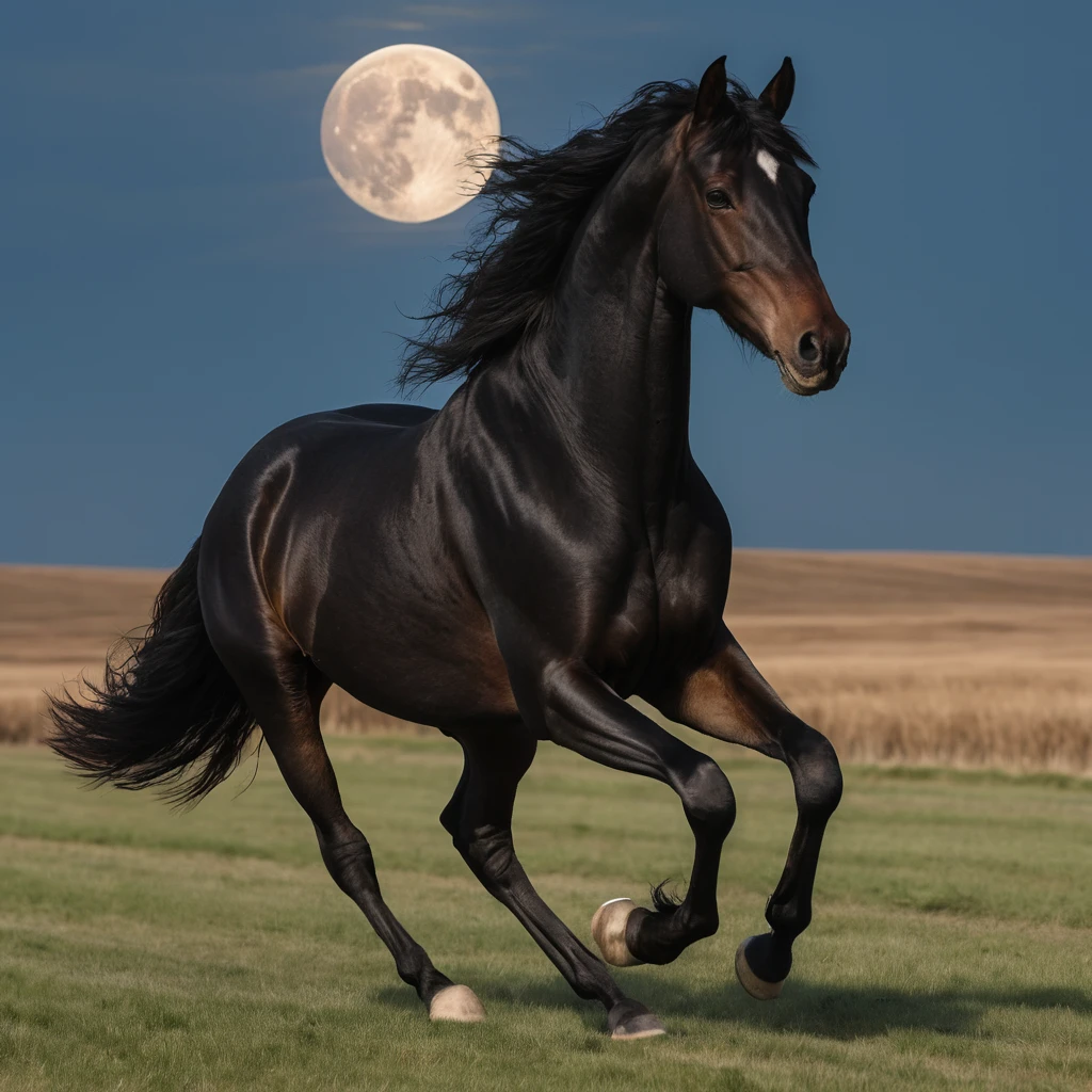 Cavalo negro correndo por um campo aberto ao luar