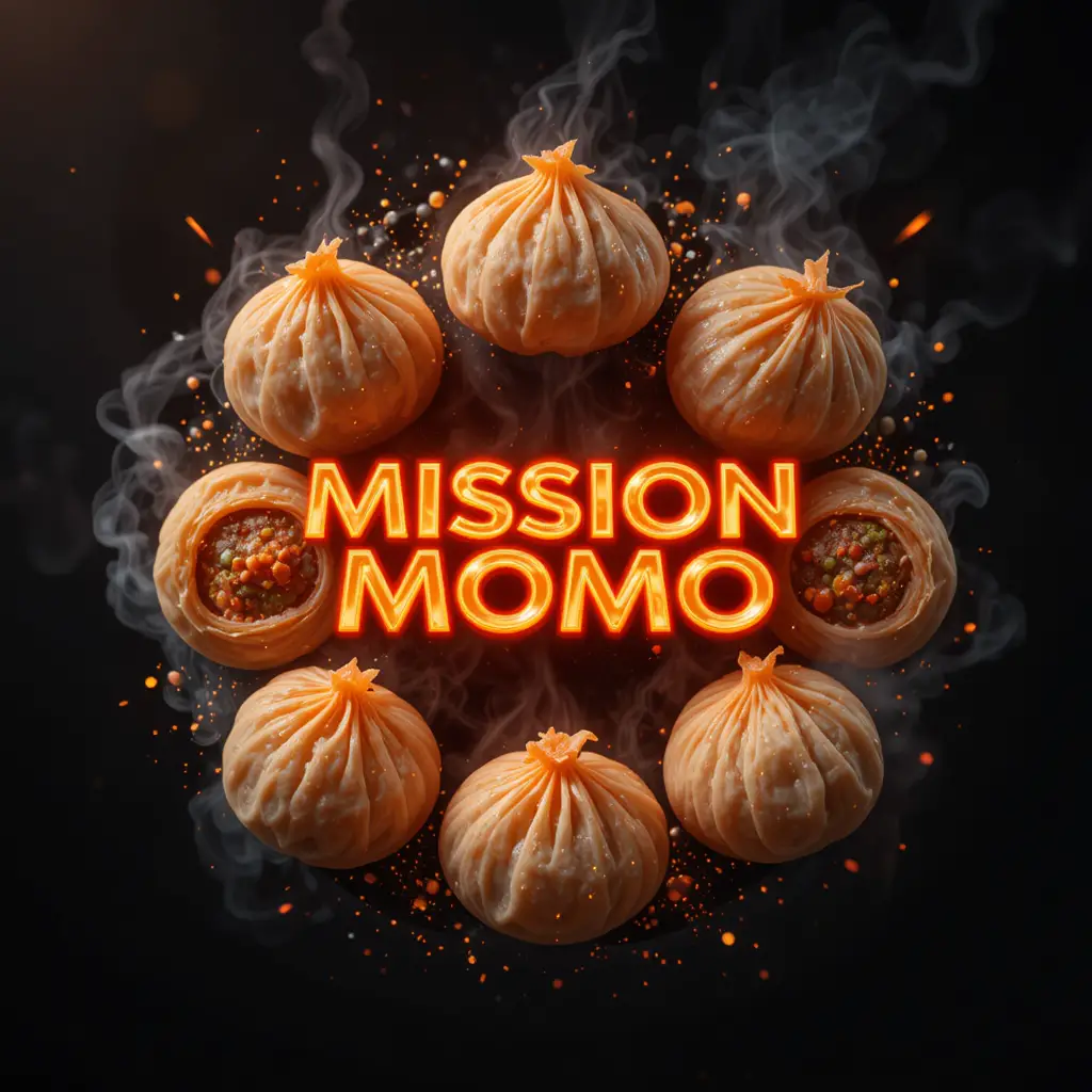 Neon Mission Momo logo with steaming dumplings circle