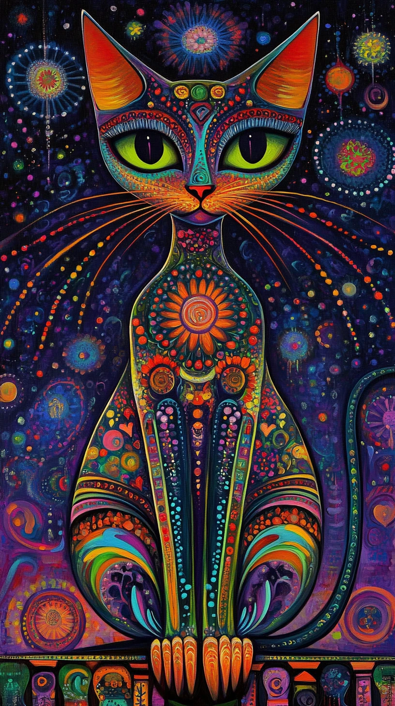 Gato colorido estilizado com olhos grandes descansando no telhado