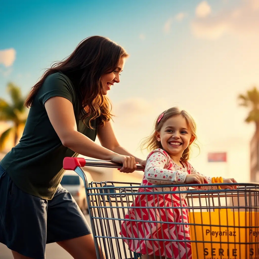 Madre sonriente empujando a su hija en un carrito de compras