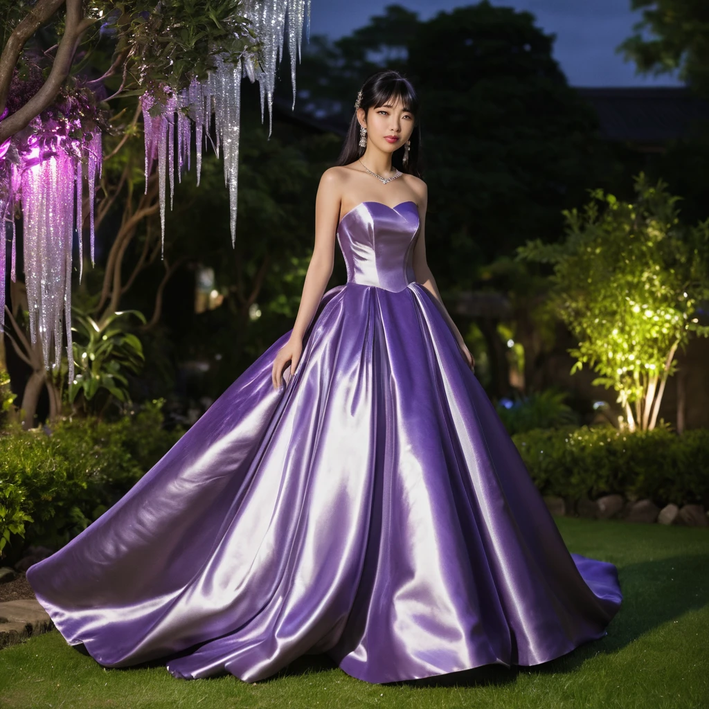 Jovem japonesa elegante em vestido de cetim roxo à noite