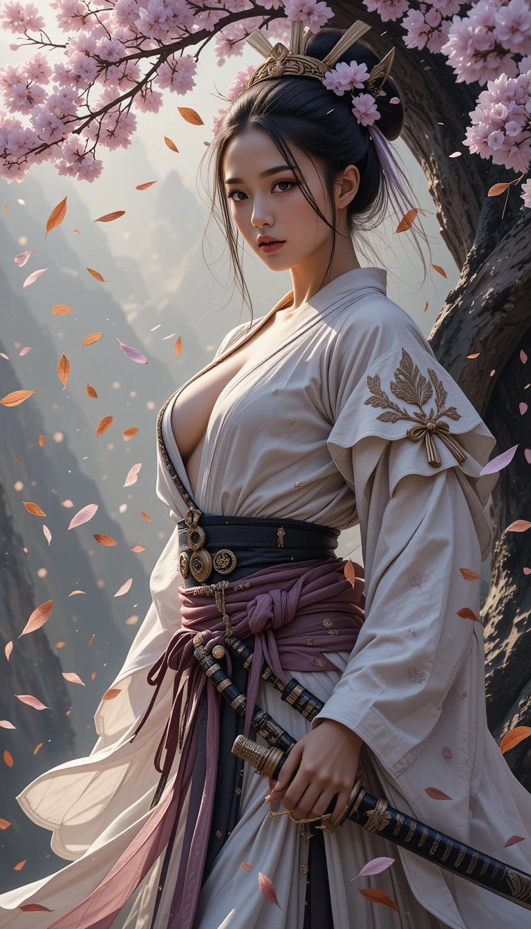 Samouraï asiatique avec katanas sous des fleurs de cerisier tombantes