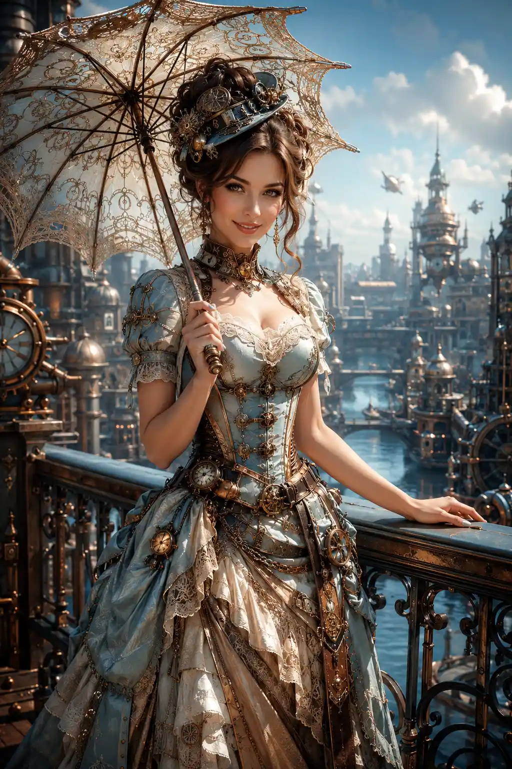 Femme en mode steampunk avec ombrelle sur une véranda urbaine