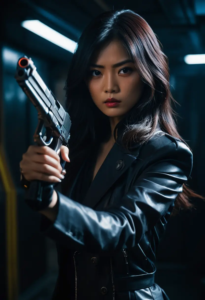Japanische Frau zielt mit einer Waffe im neonbeleuchteten Kino-Porträt