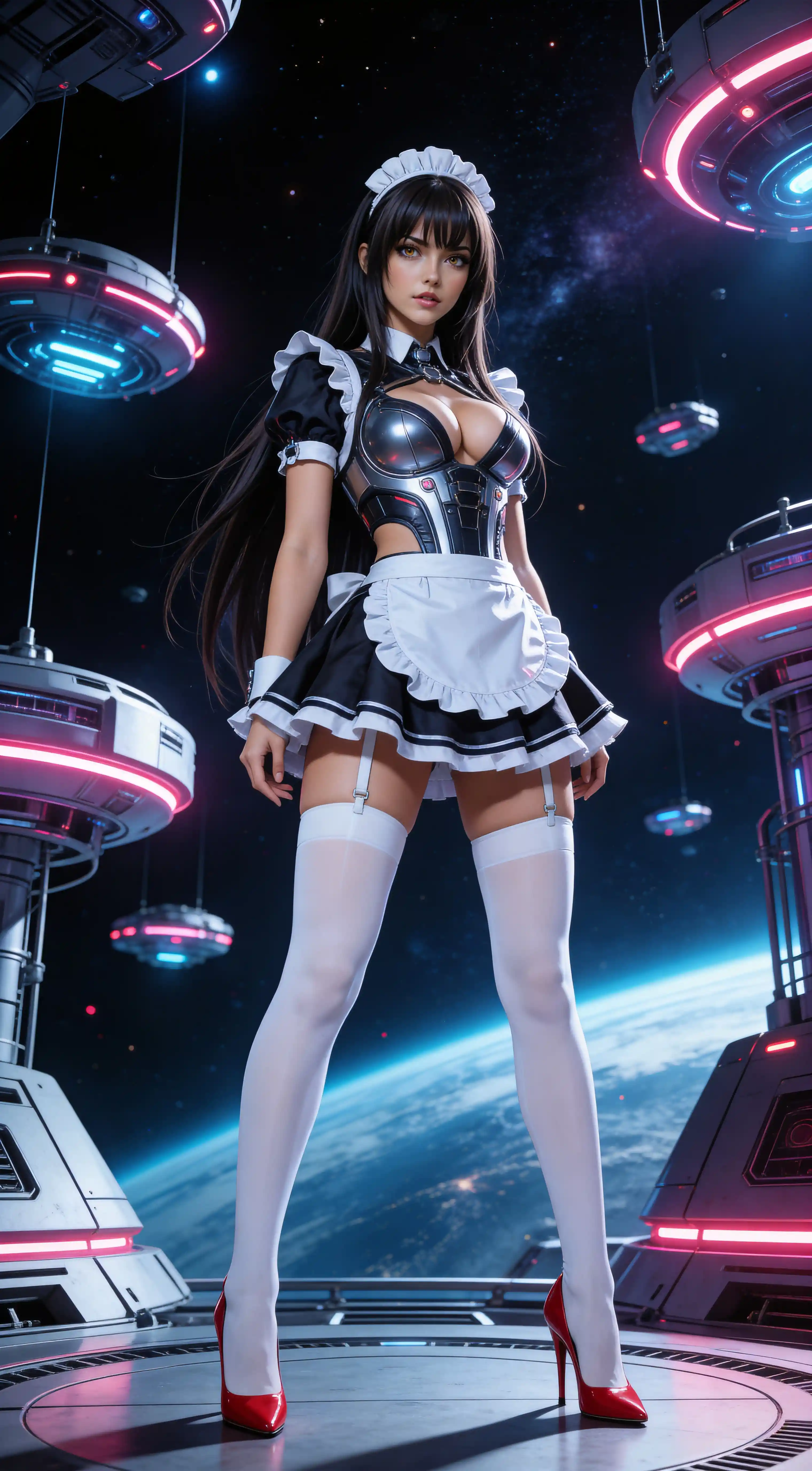 Seduttiva donna sci‑fi in uniforme da cameriera rivelatrice
