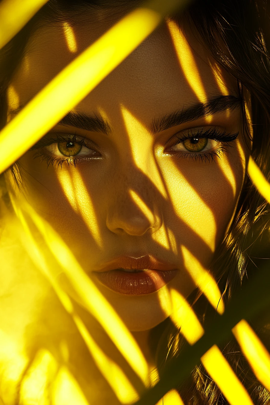 Retrato de beleza surreal de uma mulher emoldurada por chamas amarelas