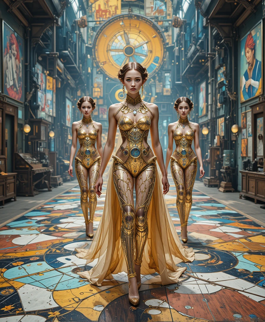 Défilé de mode victorienne futuriste dans un village surréaliste