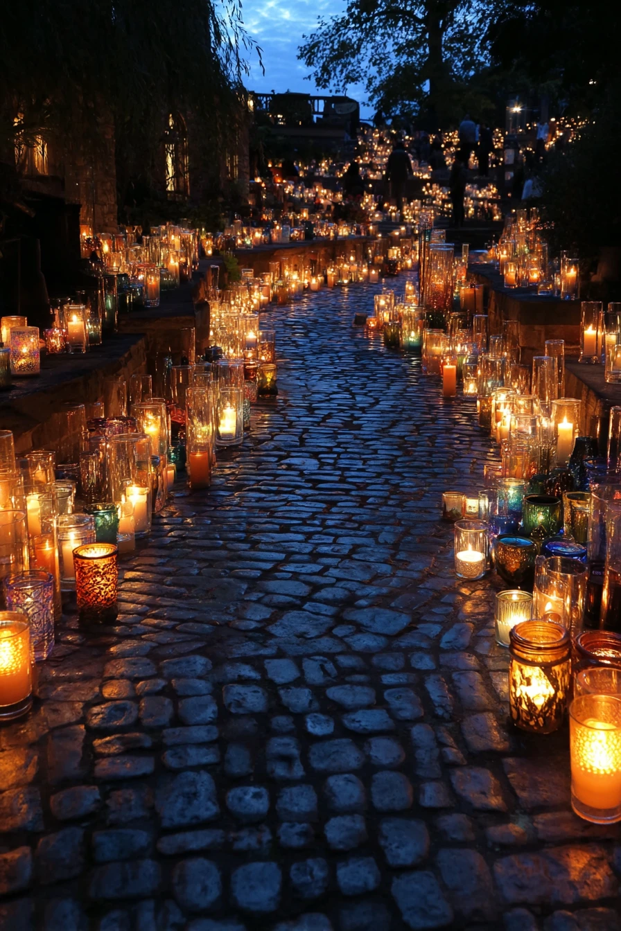 Des bougies infinies illuminant un chemin pavé enchanté au coucher du soleil