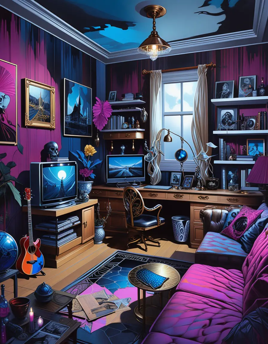 Sala 3D de interior sombria e eclética com decoração de casa decadente