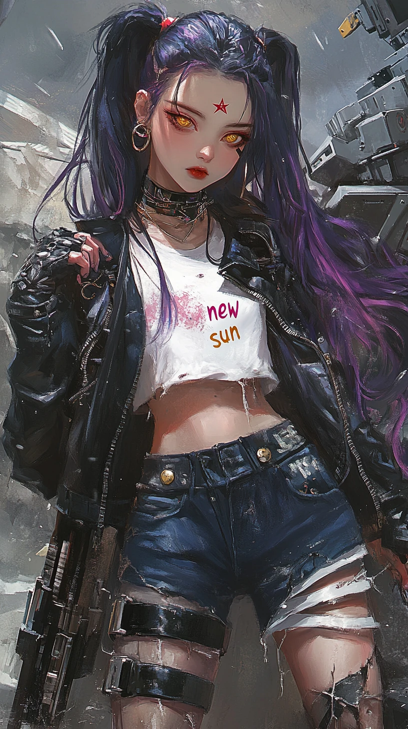 배트를 든 과감한 미래형 스트리트웨어 애니메이션 소녀