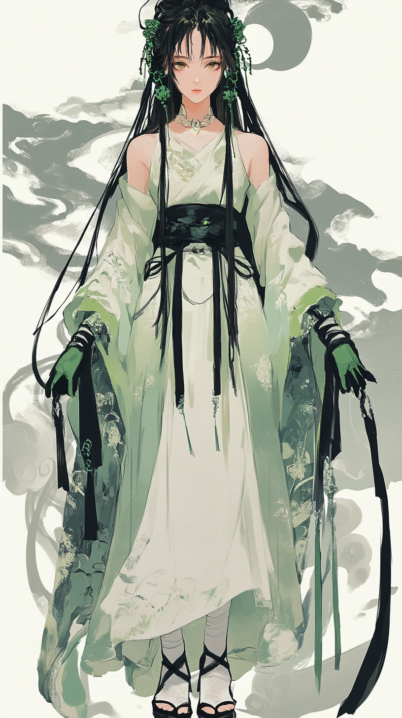 Garota de anime com longos cabelos pretos esvoaçantes em roupa verde estampada
