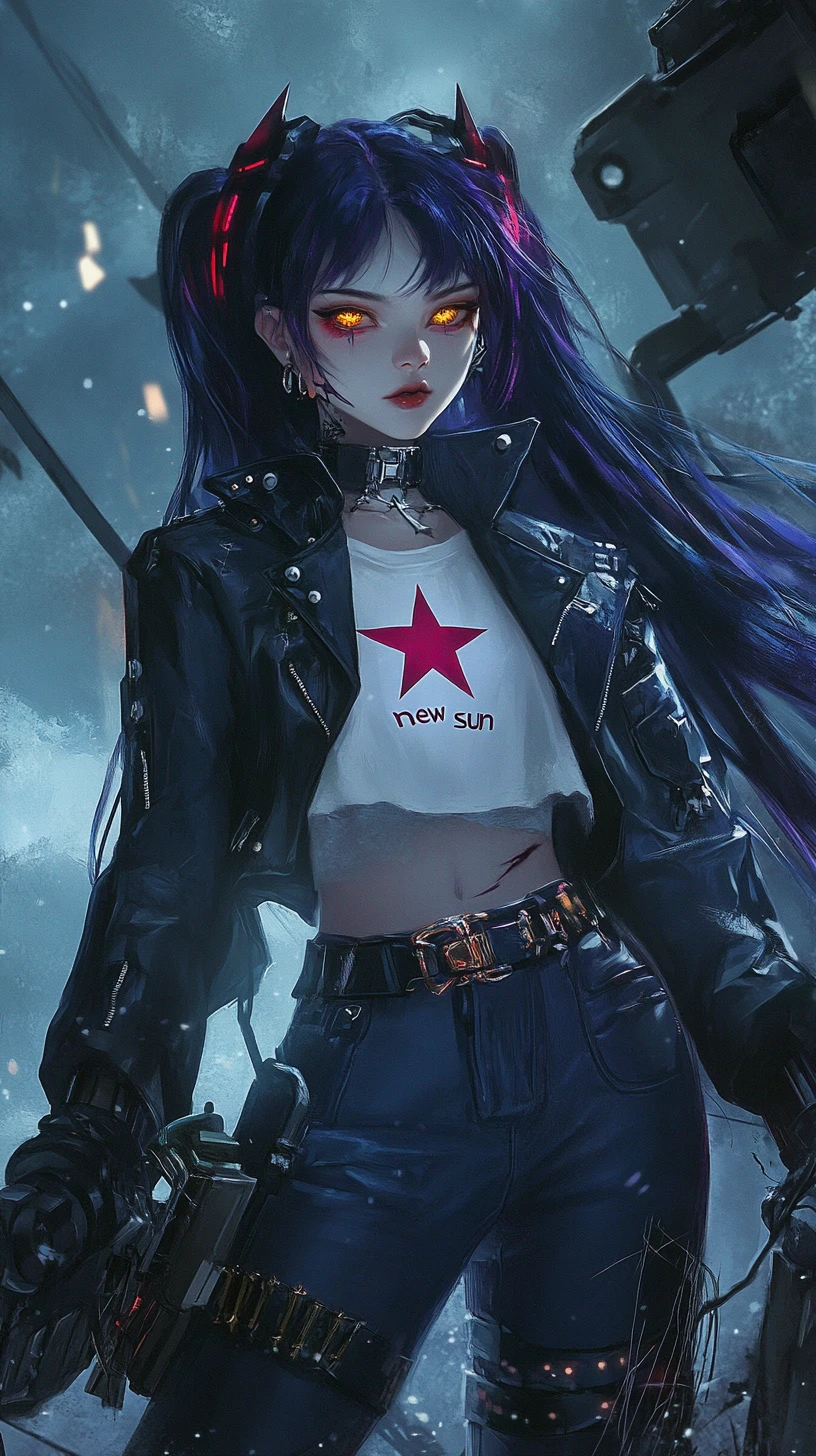 Ragazza anime con mazza e lunghi capelli scuri in streetwear