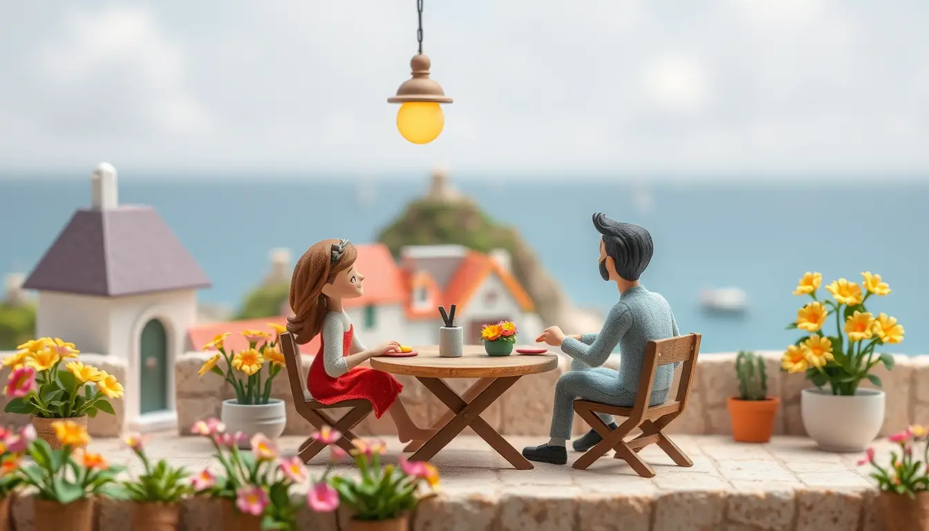 Famille en claymation fantaisiste dans une cuisine française minimaliste