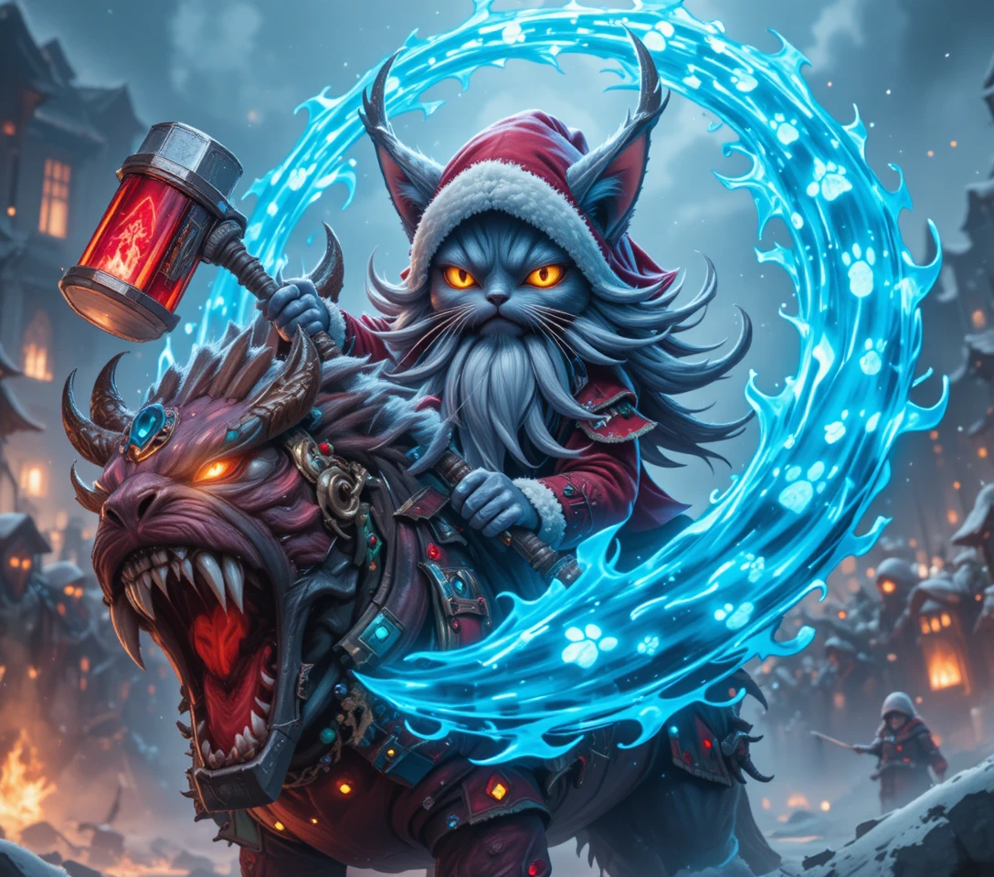 Gato Papai Noel rúnico liderando uma ardente investida de batalha de Natal